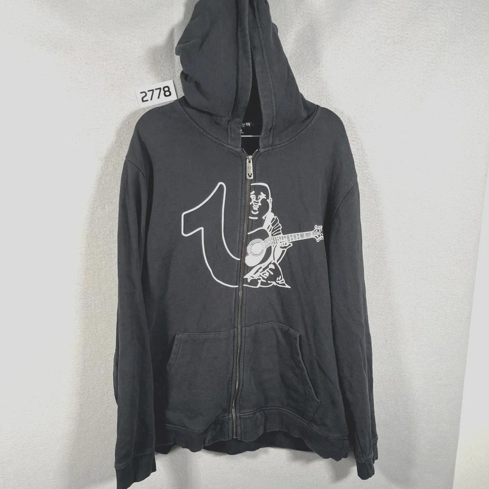 True Religion Japanese Buddha Hoodie Mens 2XL Black Graphic Print Full Zip